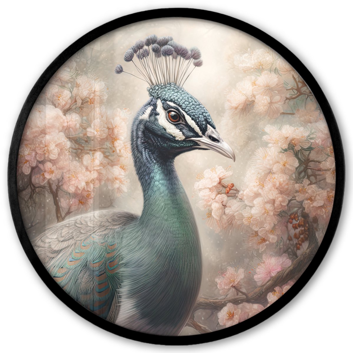 FrameYourWall Poster in lijst Rond - Fotolijst 40x40 cm - Posters - Pauw - Vogels - Bloemen - Boom - Botanisch - Ronde posterlijst zwart - Decoratie - Wanddecoratie woonkamer - Muurdecoratie slaapkamer