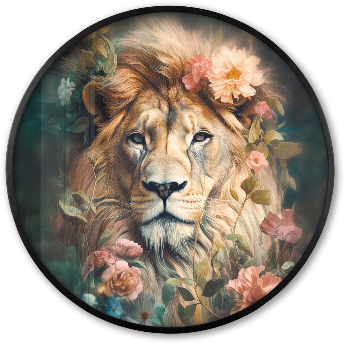 FrameYourWall Poster in lijst Rond - Fotolijst 80x80 cm - Posters - Leeuw - Leeuwenkop - Wilde dieren - Bloemen - Ronde posterlijst zwart - Decoratie - Wanddecoratie woonkamer - Muurdecoratie slaapkamer Leeuw - Bloemen