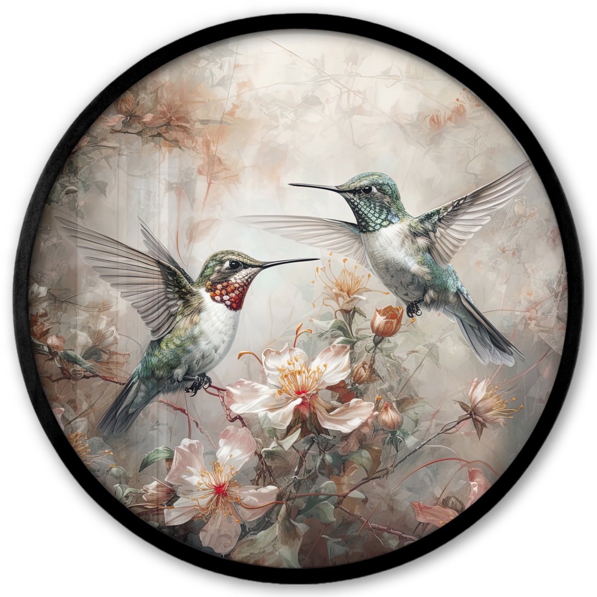 FrameYourWall Poster in lijst Rond - Fotolijst 40x40 cm - Posters - Kolibrie - Vogels - Bloemen - Planten - Ronde posterlijst zwart - Decoratie - Wanddecoratie woonkamer - Muurdecoratie slaapkamer Kolibrie - Bloemen