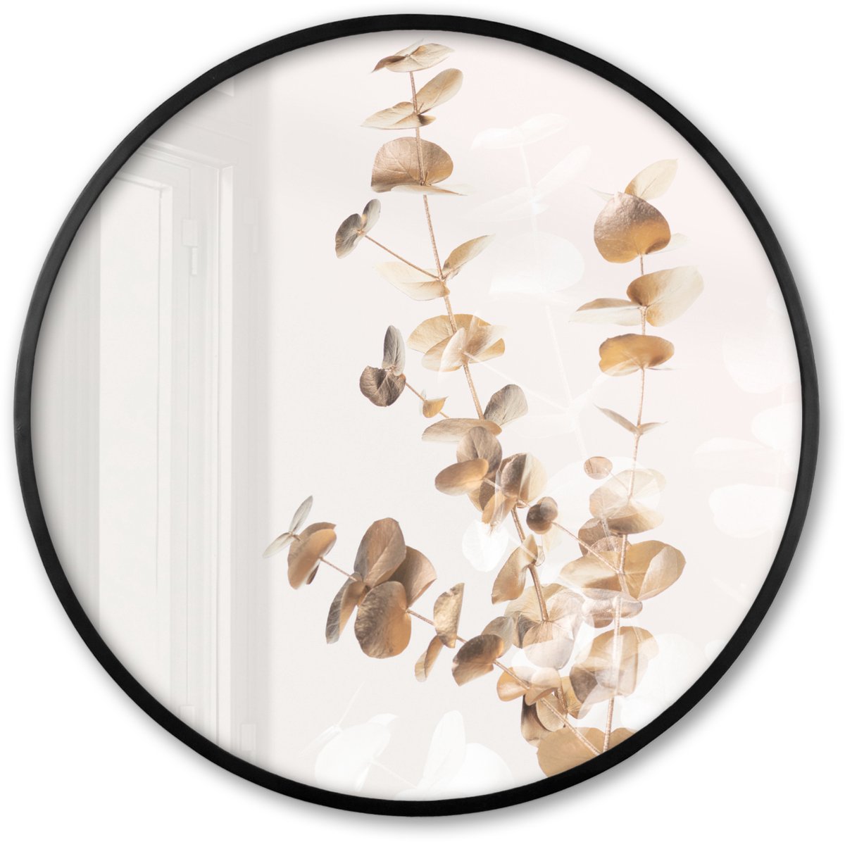 FrameYourWall Poster in lijst Rond - Fotolijst 60x60 cm - Posters - Eucalyptus - Goud - Bladeren - Luxe - Natuur - Ronde posterlijst zwart - Decoratie - Wanddecoratie woonkamer - Muurdecoratie slaapkamer Beige - Bladeren
