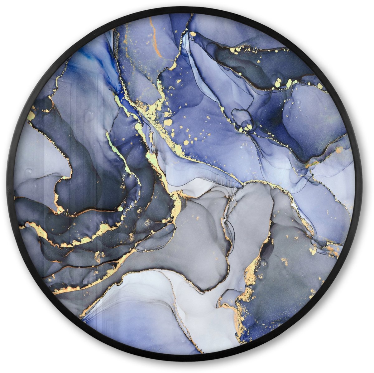 FrameYourWall Poster in lijst Rond - Fotolijst 60x60 cm - Posters - Marmer - Goud - Abstract - Blauw - Ronde posterlijst zwart - Decoratie - Wanddecoratie woonkamer - Muurdecoratie slaapkamer Multicolor