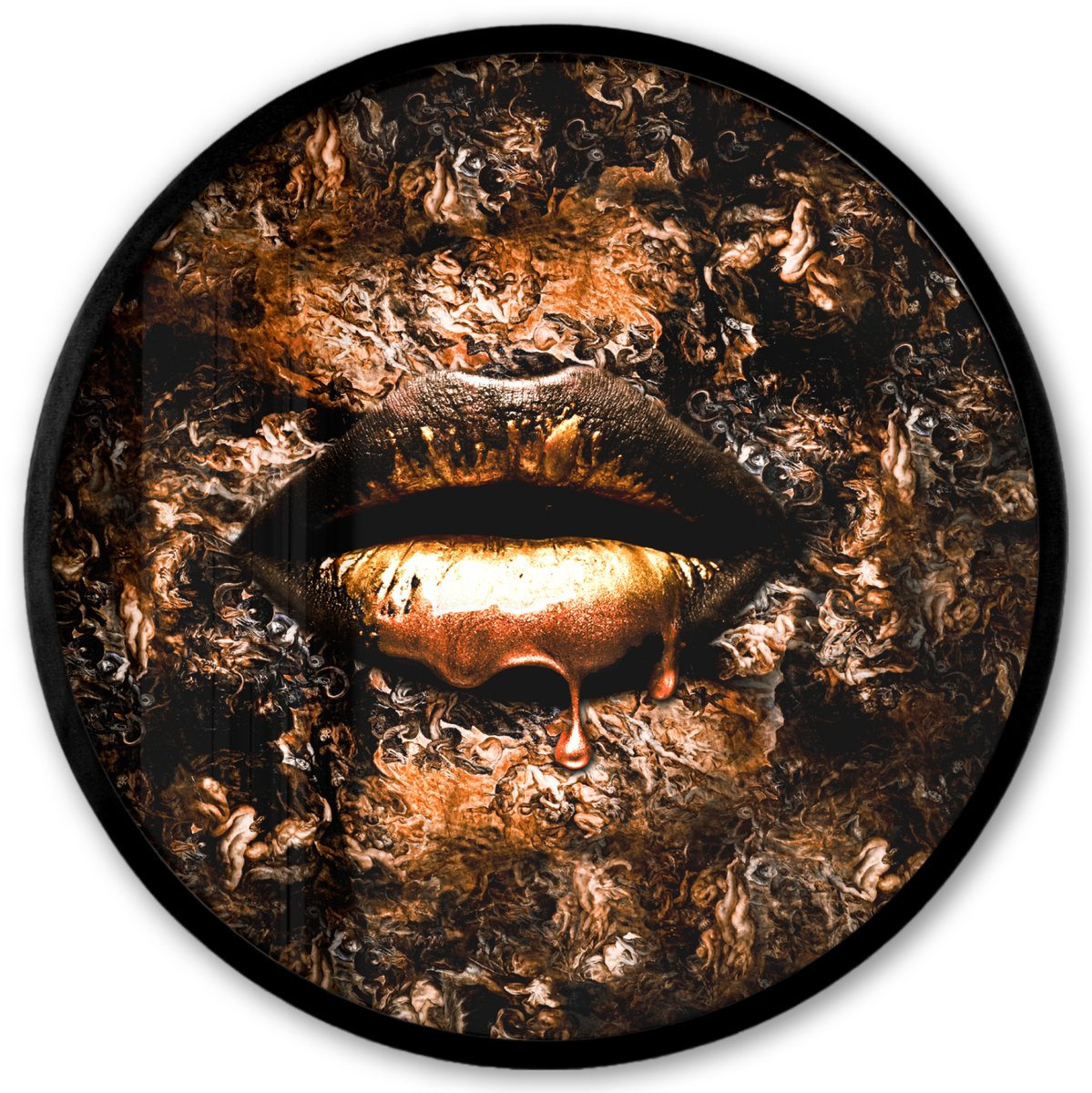FrameYourWall Poster in lijst Rond - Fotolijst 40x40 cm - Posters - Verf - Lippen - Koper - Ronde posterlijst zwart - Decoratie - Wanddecoratie woonkamer - Muurdecoratie slaapkamer Multicolor