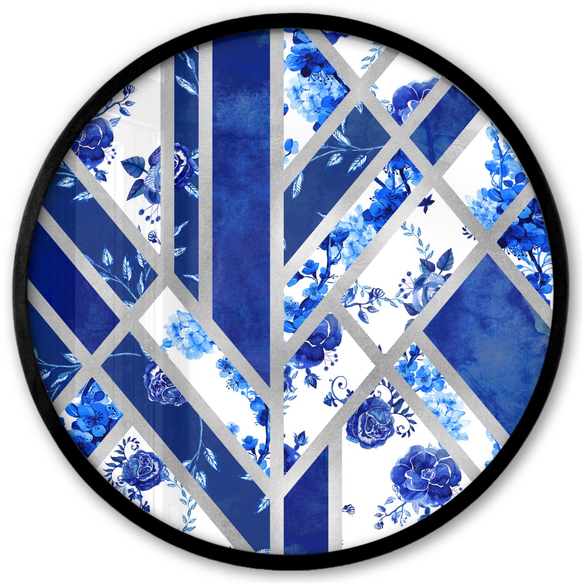 FrameYourWall Poster in lijst Rond - Fotolijst 40x40 cm - Posters - Delfts blauw - Patroon - Abstract - Ronde posterlijst zwart - Decoratie - Wanddecoratie woonkamer - Muurdecoratie slaapkamer Multicolor