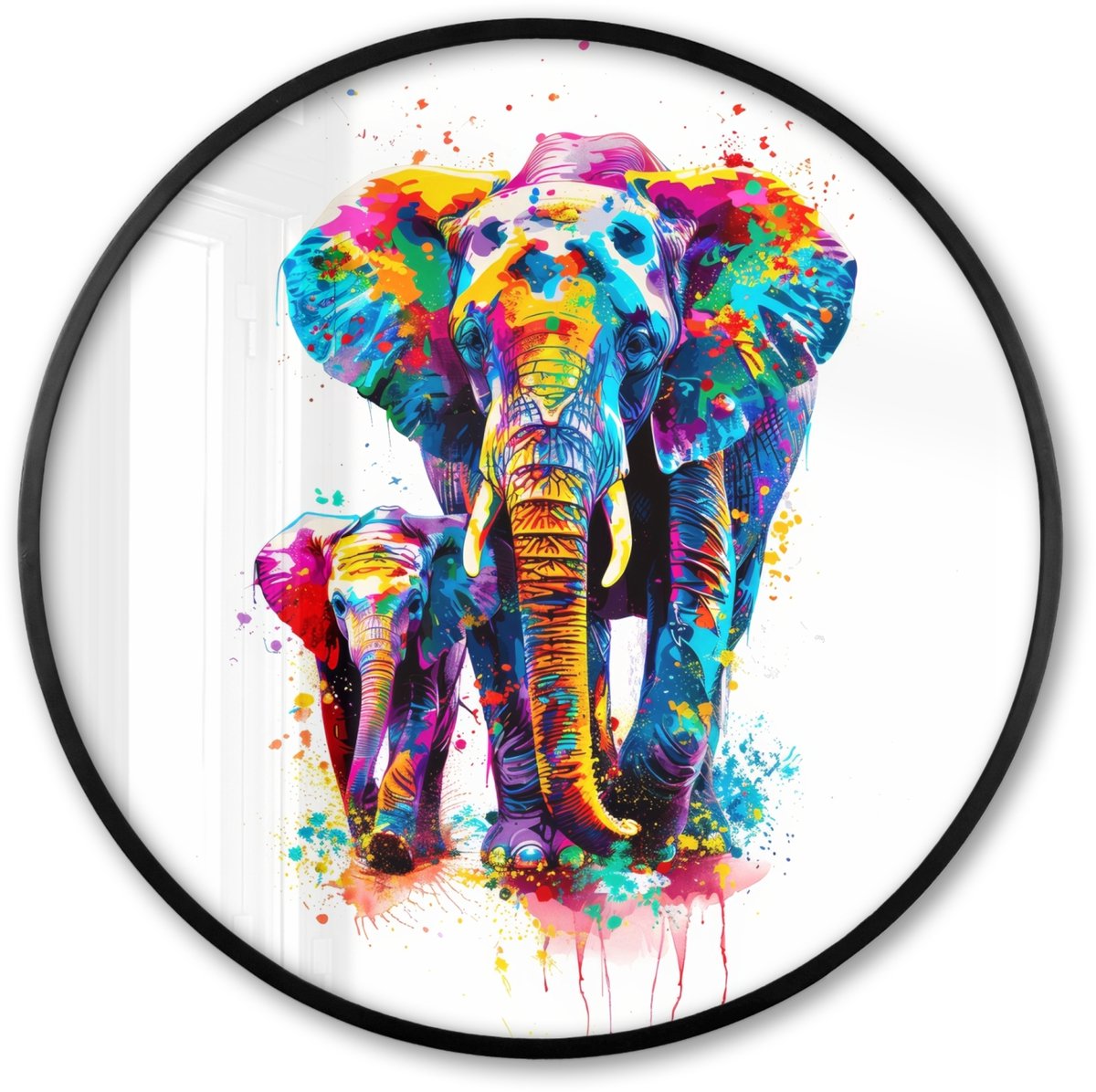 FrameYourWall Poster in lijst Rond - Fotolijst 80x80 cm - Posters - Olifanten - Dieren - Verf - Kleurrijk - Ronde posterlijst zwart - Decoratie - Wanddecoratie woonkamer - Muurdecoratie slaapkamer