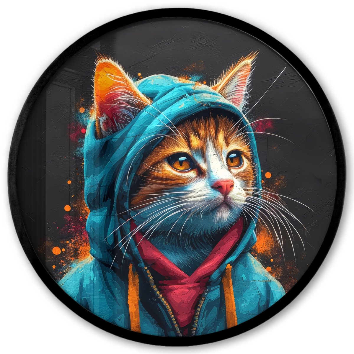 FrameYourWall Poster in lijst Rond - Fotolijst 40x40 cm - Posters - Graffiti - Kat - Zwart - Jas - Street art - Ronde posterlijst zwart - Decoratie - Wanddecoratie woonkamer - Muurdecoratie slaapkamer