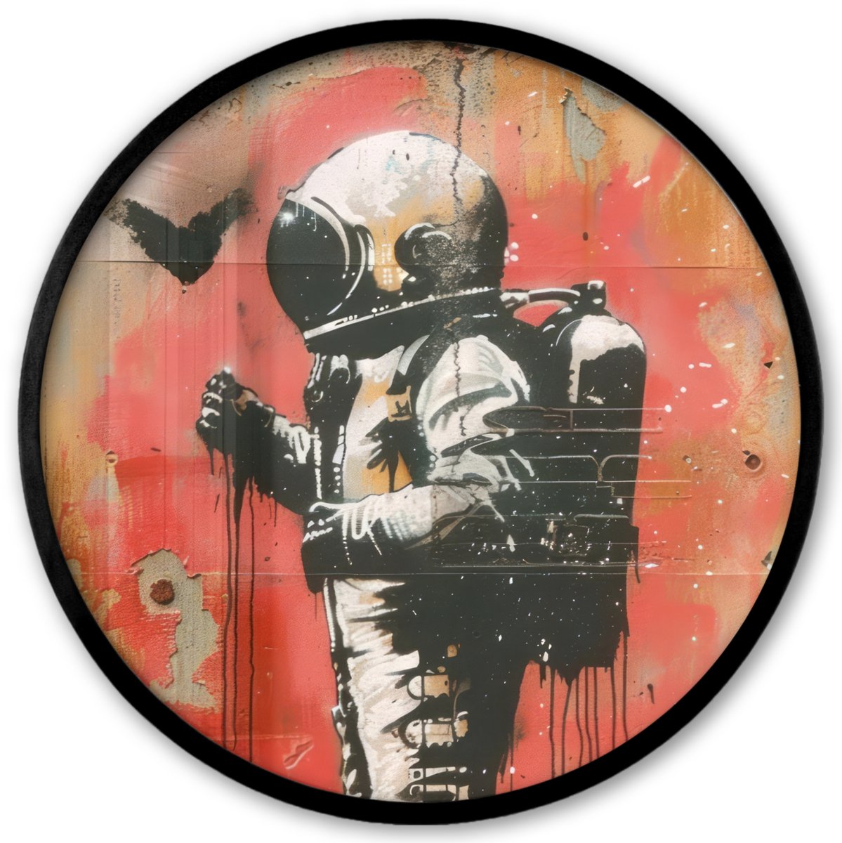 FrameYourWall Poster in lijst Rond - Fotolijst 40x40 cm - Posters - Graffiti - Astronaut - Street art - Ruimte - Ronde posterlijst zwart - Decoratie - Wanddecoratie woonkamer - Muurdecoratie slaapkamer
