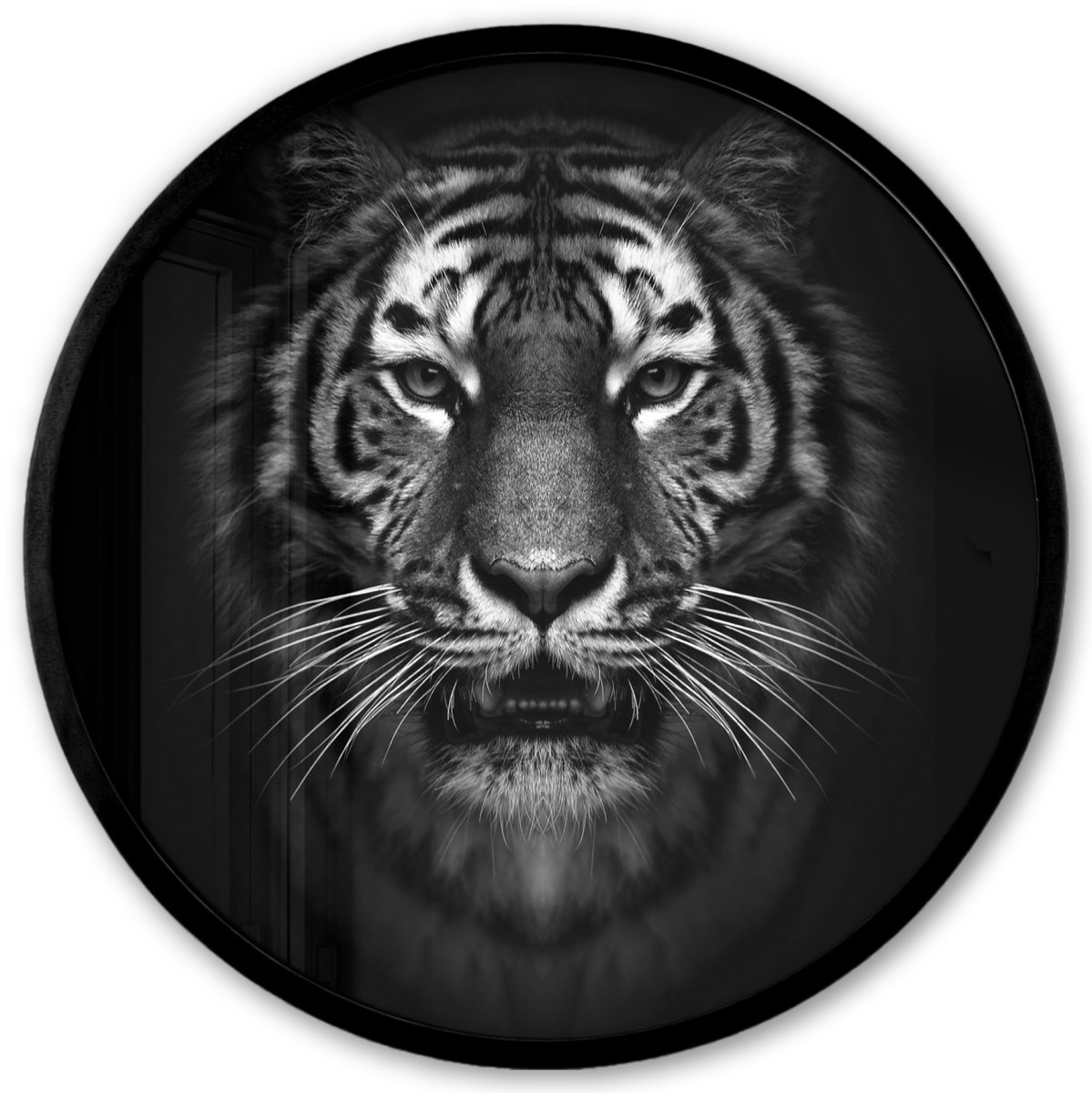 FrameYourWall Poster in lijst Rond - Fotolijst 40x40 cm - Posters - Tijger - Dieren - Zwart - Wit - Portret - Wild - Ronde posterlijst zwart - Decoratie - Wanddecoratie woonkamer - Muurdecoratie slaapkamer