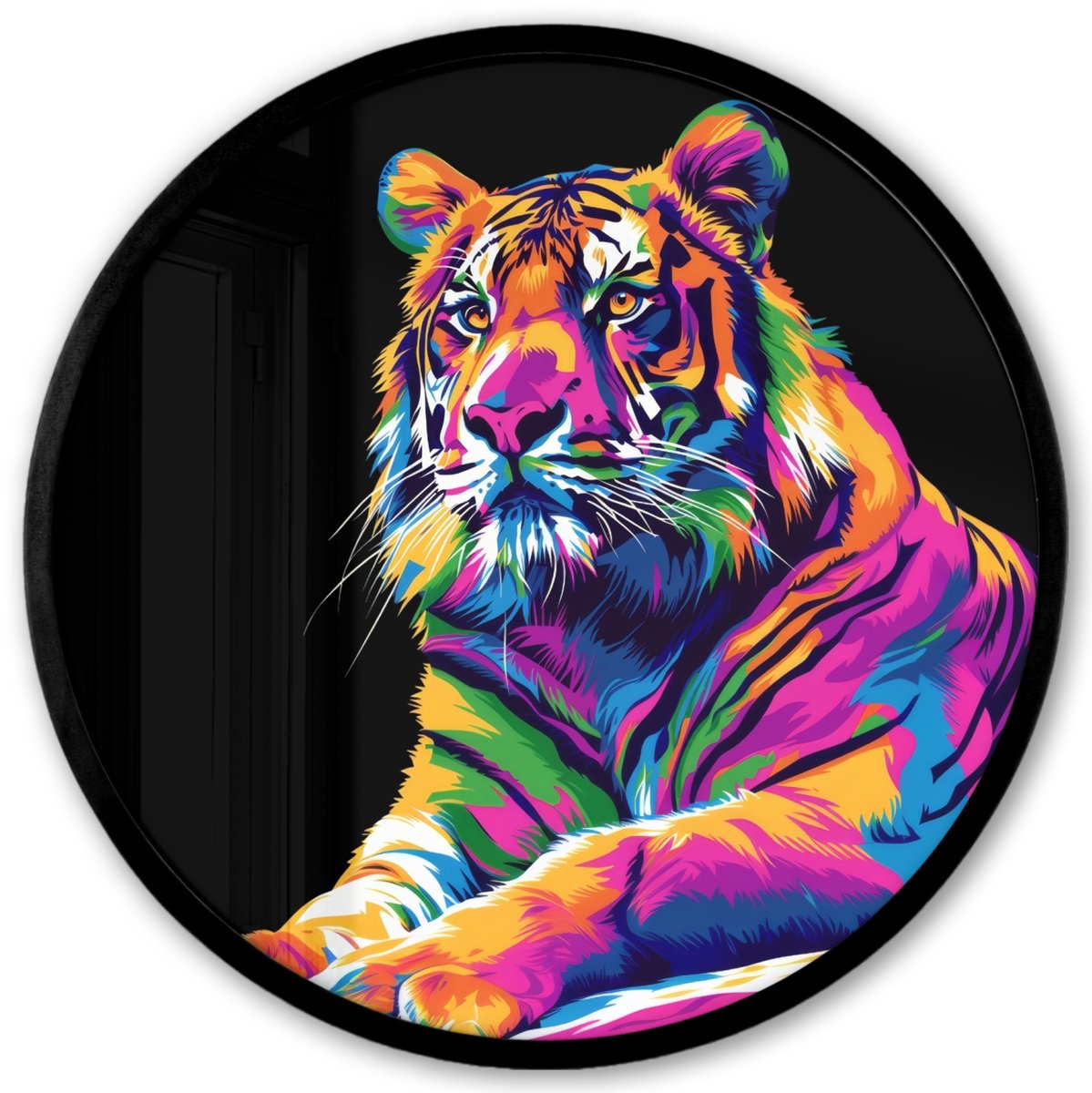 FrameYourWall Poster in lijst Rond - Fotolijst 40x40 cm - Posters - Tijger - Kleurrijk - Dieren - Zwart - Neon - Ronde posterlijst zwart - Decoratie - Wanddecoratie woonkamer - Muurdecoratie slaapkamer