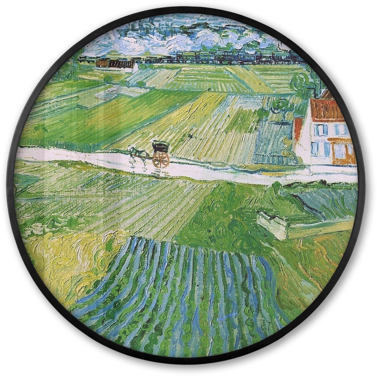 FrameYourWall Poster in lijst Rond - Fotolijst 60x60 cm - Posters - Landschap met koets en trein - Vincent van Gogh - Ronde posterlijst zwart - Decoratie - Wanddecoratie woonkamer - Muurdecoratie slaapkamer Multicolor