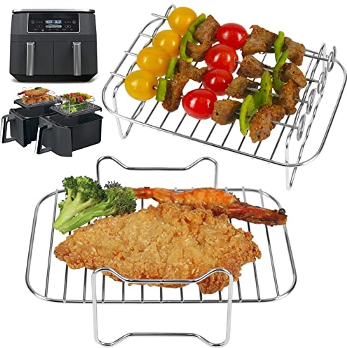 Air Fryer Racks voor Dual Zone Luchtfriteuse - 2 Stuks Dehydrator Rack met 4 Spiesjes, Roestvrijstalen Accessoires voor Grillen en Bakken