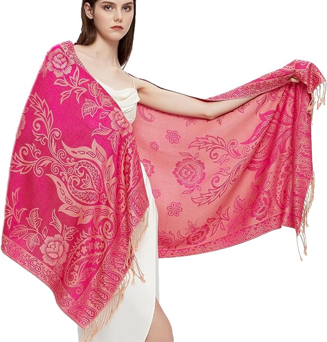Pashmina sjaal wrap met etnische paisley Two Tone Jacquard sjaal voor dames - lengte 180 cm met franjes (10 cm franjes aan elke kant), breedte: 60 cm - Paisley-fuchsia