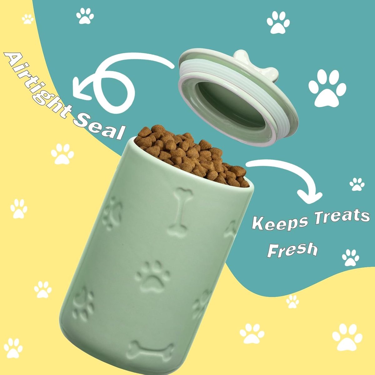 NIXBYO Hondensnoepcontainer luchtdicht - 22,9 x 12,7 cm grote keramische hondensnoeppot voor aanrecht, witte hondenkoekjespot met deksel - boerderijstijl hondenvoer opslagcontainer voor honden, katten