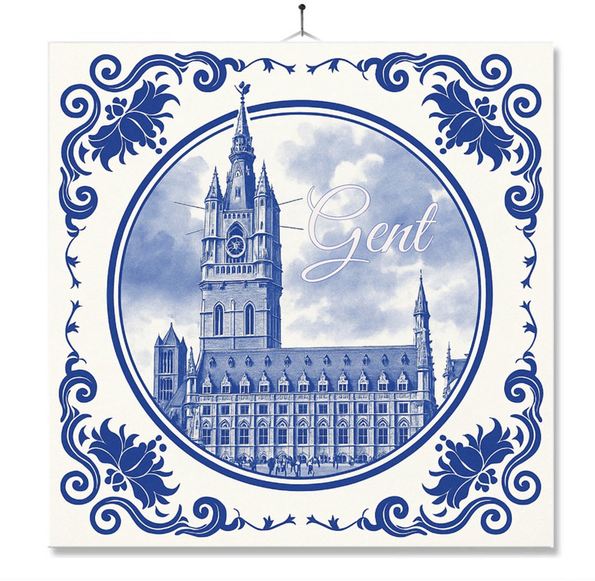 Tegel Met Opdruk | Gent | Delft Blauw | Cadeau | Inclusief Geschenkdoos | Standaard | Ophangsysteem