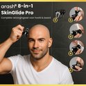 Man met geschoren hoofd gebruikt SkinGlide Pro scheerapparaat. Met tekst: arash 8-in-1 SkinGlide Pro. Complete verzorgingsset voor hoofd & baard. Illustraties tonen opzetstukken.