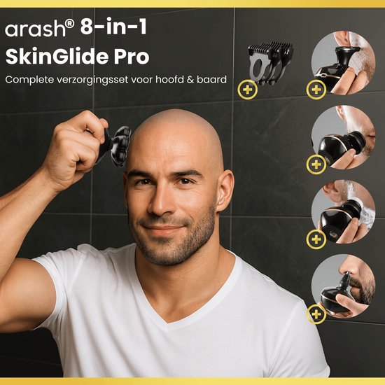 Man met geschoren hoofd gebruikt SkinGlide Pro scheerapparaat. Met tekst: arash 8-in-1 SkinGlide Pro. Complete verzorgingsset voor hoofd & baard. Illustraties tonen opzetstukken.