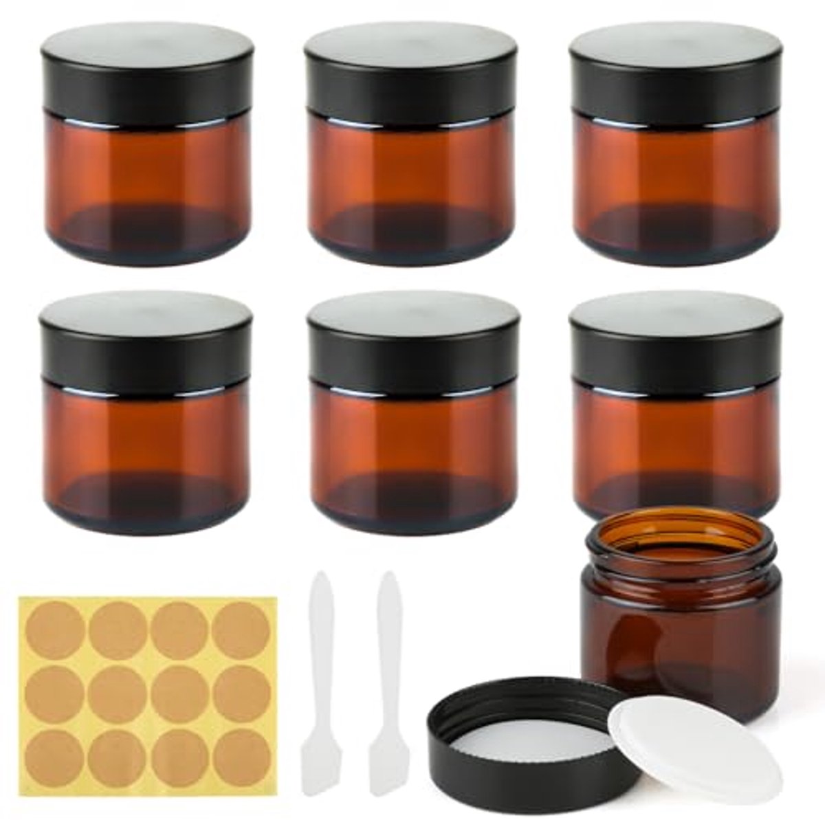 6 Stuks Amberglazen Potjes 60 ml - Navulbare Zalfpotjes voor Cosmetica