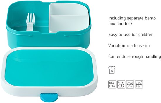 Boîte à lunch Mepal turquoise avec boîte bento, fourchette et explications des caractéristiques.