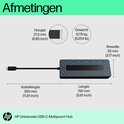 Afmetingen van de HP Universele USB-C-Multipool Hub: lengte 150 mm, breedte 55 mm, hoogte 21,5 mm.