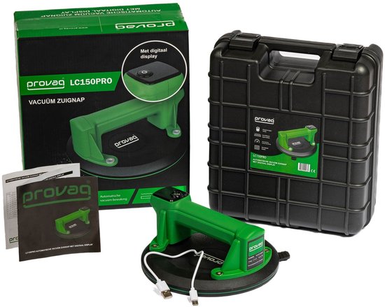 Provaq LC150PRO vacuümzuignap met digitaal display, koffer, handleiding en oplaadkabels.