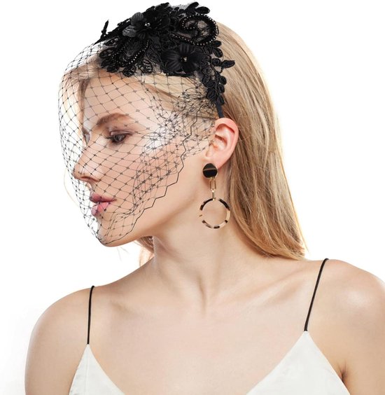 Foto: Plus fascinators hoofddeksels met sluier vintage mesh kant thee cocktail party voor meisjes en vrouwen in het zwart met veelzijdige stijl
