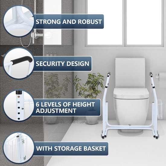 Wit toiletframe met opbergmand, naast een toilet. Kenmerken: stevig, veiligheidsontwerp, 6 hoogtes, opbergmand.