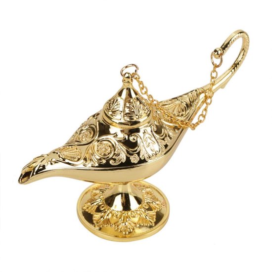 Magic Aladdin Lamp, Retro Genius Light Lamp, Aladdin Light Magic Genius Light Metal Carved Cavity Legend Lamp Wish Light Lamp Pot Decoration Home Table Decoration (Gold)