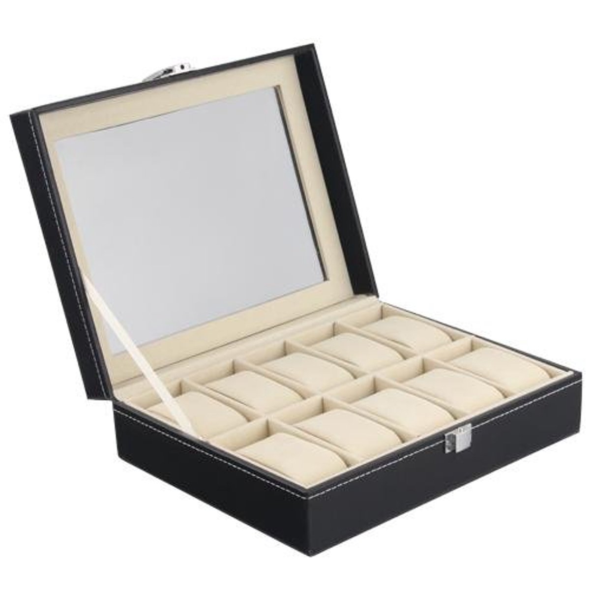 Horlogedoos voor 10 horloges in kunstleer met kijkvenster