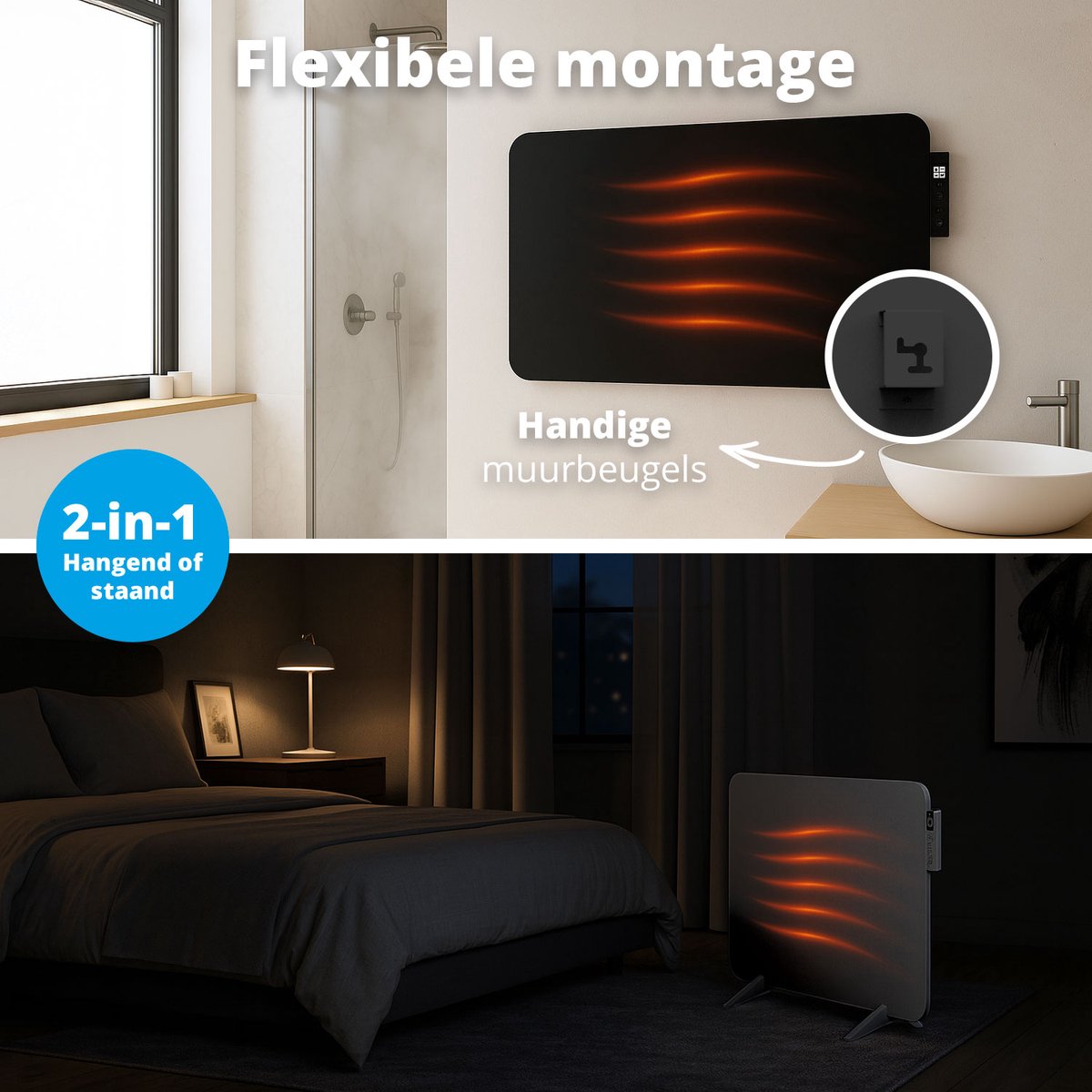 FlinQ Slimme Infrarood Verwarming - Elektrische Verwarmingspaneel - Moderne Kachel - Geschikt voor Badkamer - Staand & Verplaatsbaar - Met Thermostaat - Zwart Paneel - 600W – foto 5