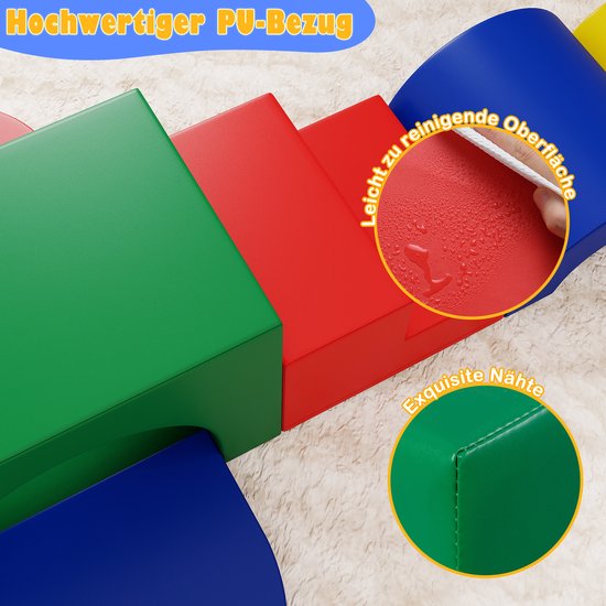 Gedetailleerd beeld van rode, groene en blauwe schuimblokken, met nadruk op de reinigbare PU-coating en naden.