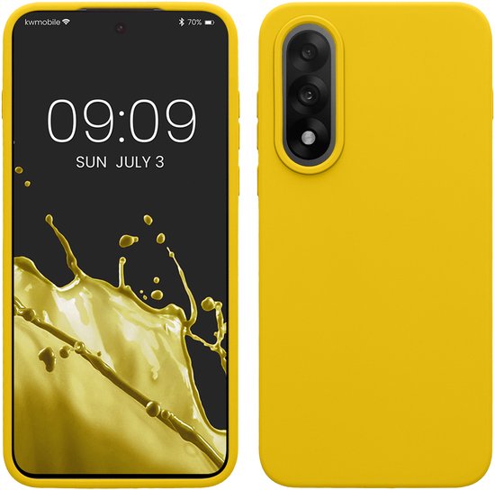 Gele telefoonhoes van kwmobile naast een smartphone met een splash-afbeelding.