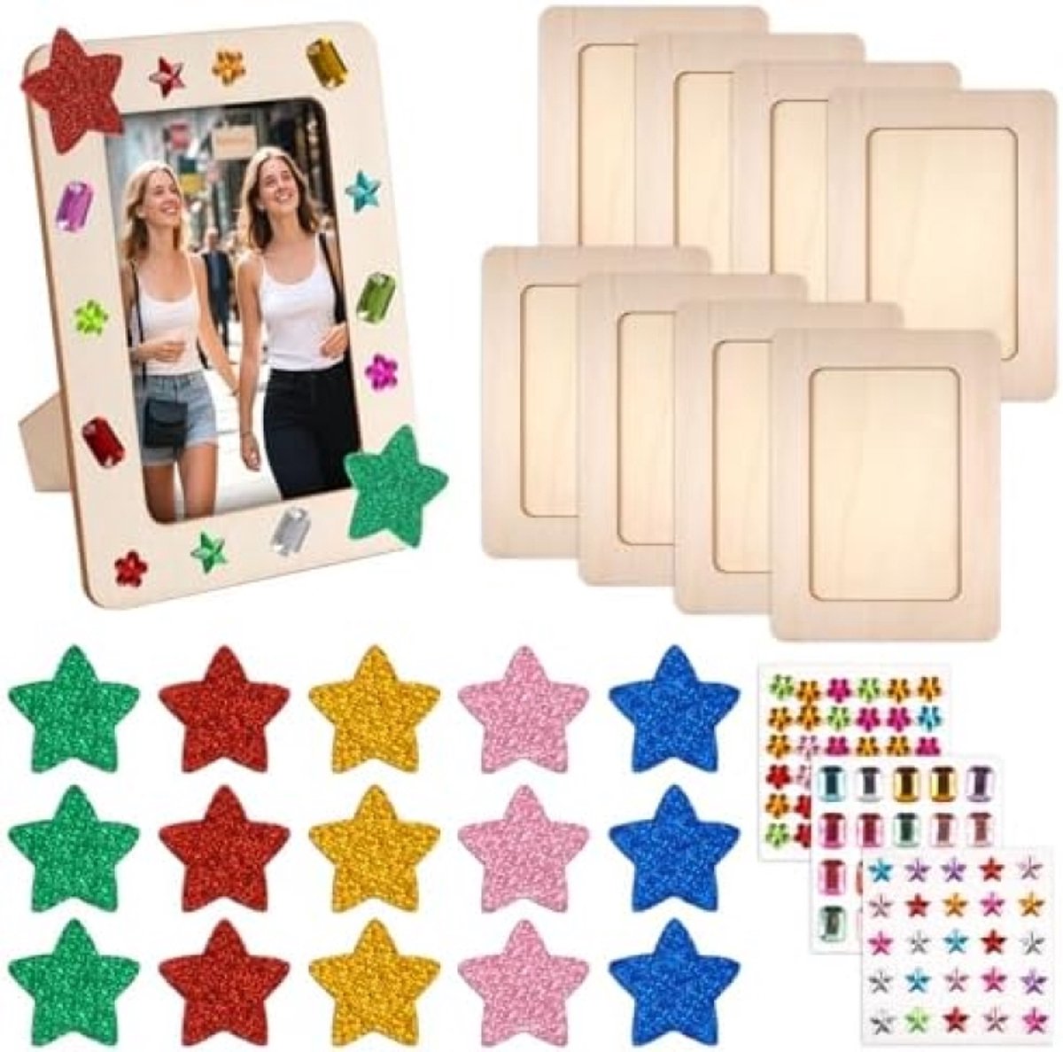 PromoHome DIY Fotolijsten Set - 8 Stuks Houten Lijsten met Decoratiemateriaal Bruin