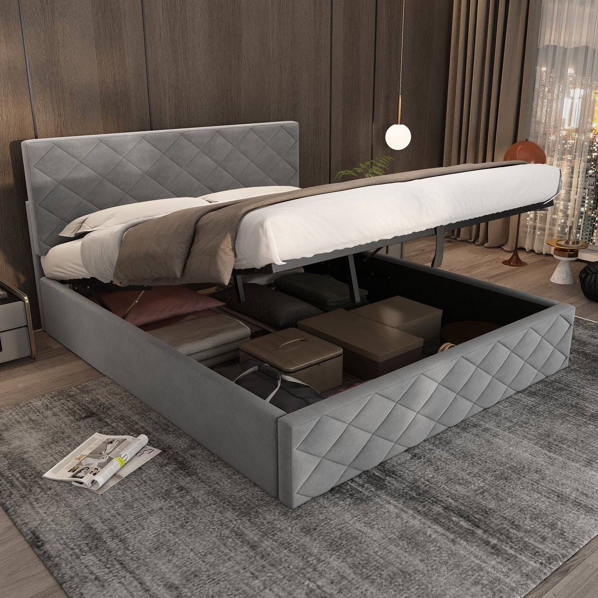 SINGULARITY-Gestoffeerd bed- hydraulisch functioneel bed met lattenbodem en opbergruimte- 140 x 200- eenvoudig en elegant- grijs- zonder matras