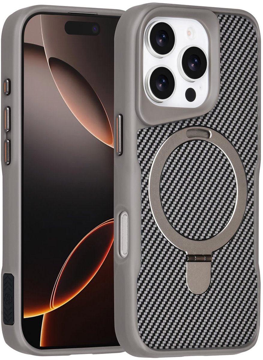 TUNIQ Back cover voor iPhone 16 Pro - MagSafe met Ring Stand - Carbon Fiber - Zilver