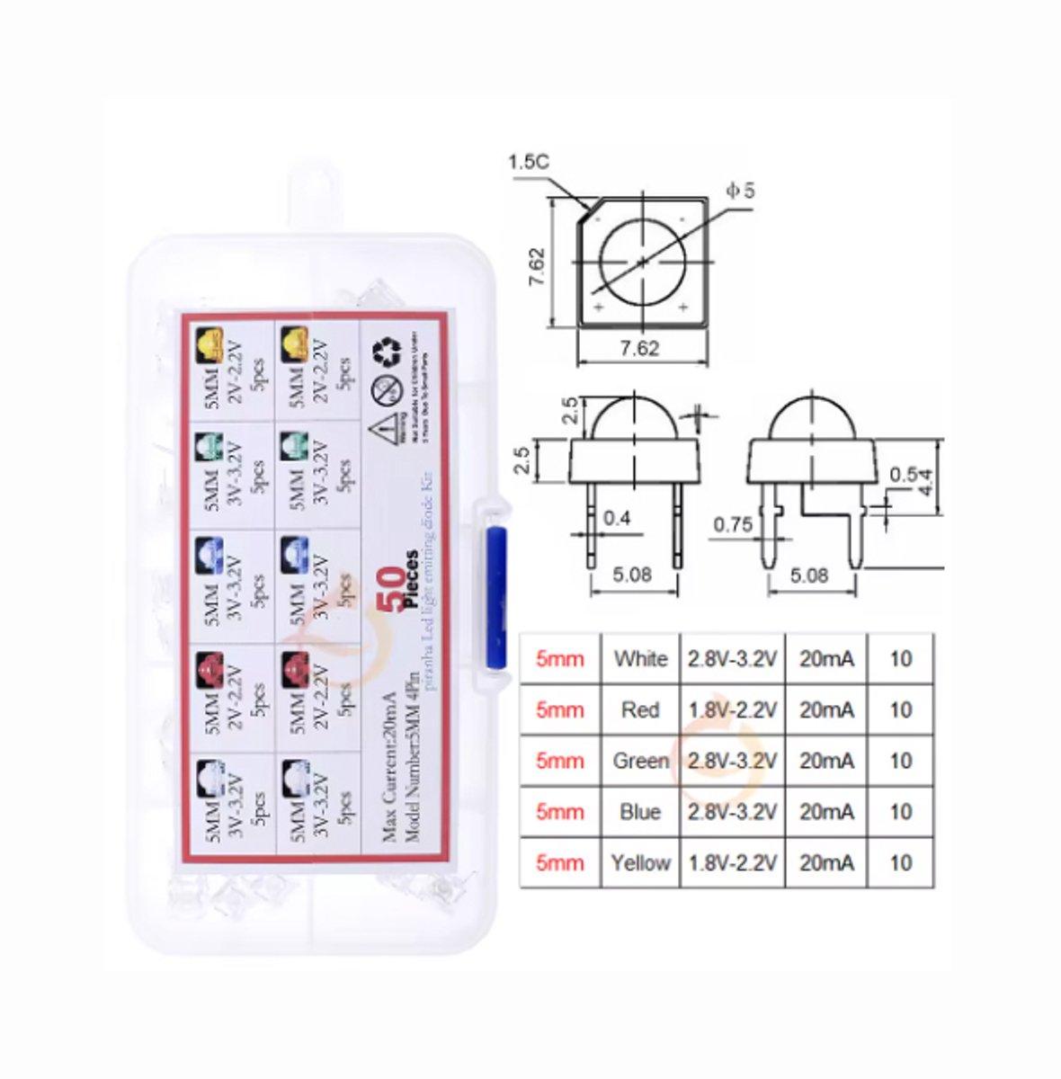 5mm Piranha LED Assortimentsset – 50 Stuks (Wit, Rood, Groen, Blauw, Geel) – Vierkante LED
