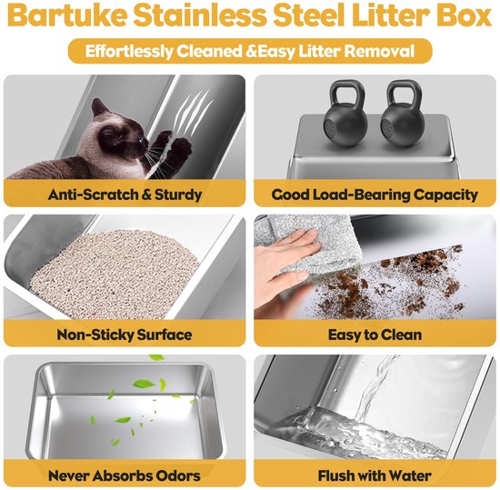 Bartuke RVS Extra Grote Gesloten Kattenbak Met Deksel - Hoge Metalen Kattenbak Met Schep En Pedaal