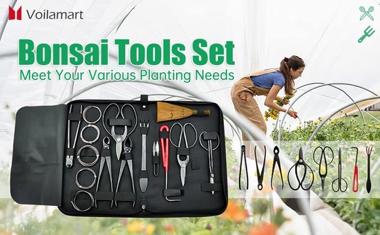 Bonsai Gereedschapset - 16-delig - Met 4 scharen, 3 snijgereedschappen, 1 haak, 1 hark, 1 bezem, 5 draden — afbeelding 3