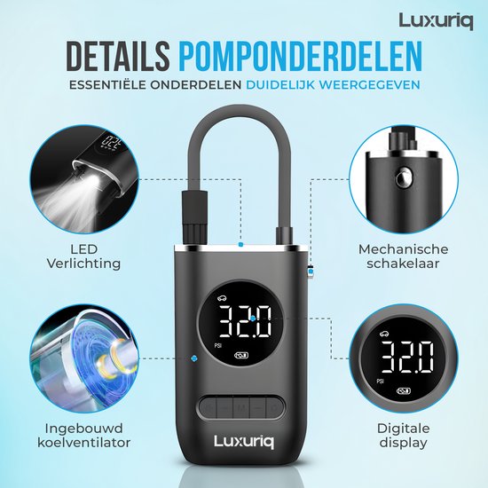 Luxuriq Elektrische Fietspomp - oplaadbare bandenpomp - 150 psi - grijs van Luxuriq — afbeelding 2