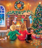 Dielay - Diamond Painting Pakket - Serie Kerstmis - Kinderen bij Open Haard - 50x40 cm - Complete Set - Volledige Bedekking - Ronde Steentjes