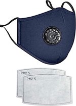 1 stuks Herbruikbare Mondkapje - Valve mondmasker blauw met 2 stuks vervangbaar  filters