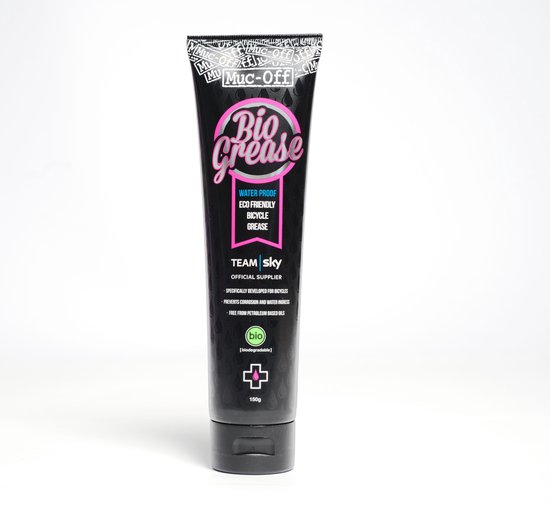 Muc-Off Bio Grease 150g tube met de tekst 'Water Proof', 'Eco Friendly' en 'Team Sky Official Supplier'.