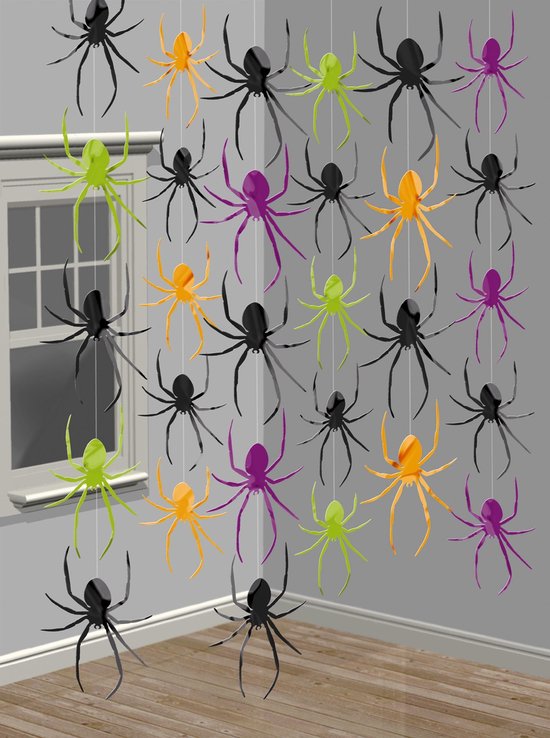 5 Guirlandes Papier Halloween à Suspendre - Motifs Araignée, Citrouille, Chauve-souris, Fantôme, Squelette - 300 Cm - 12
