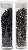 Rocailles, d 1,7 mm, afm 15/0 , gatgrootte 0,5-0,8 mm, zwart, donker metallic grijs, 2x7 gr/ 1 doos
