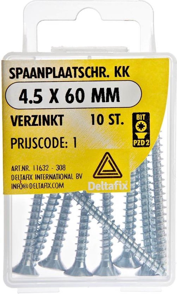 Spaanplaatschroeven. Platkop. Kruiskop- Pozidrive-2. Verzinkt. 4.5x60mm. lang. 10 stuks Houtschroeven. Deltafix.