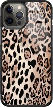 iPhone 12 Pro Max hoesje glass - Luipaard print bruin | Apple iPhone 12 Pro Max  case | Hardcase backcover zwart