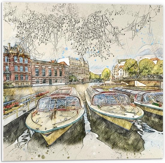 Forex - Boten in Gracht Getekend - 50x50cm Foto op Forex