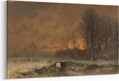 Schilderij - Wintergezicht met ondergaande zon tussen geboomte — 100x70 cm