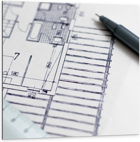 Dibond - Bouwtekening/Plattegrond - 100x100cm Foto op Aluminium (Met Ophangsysteem)