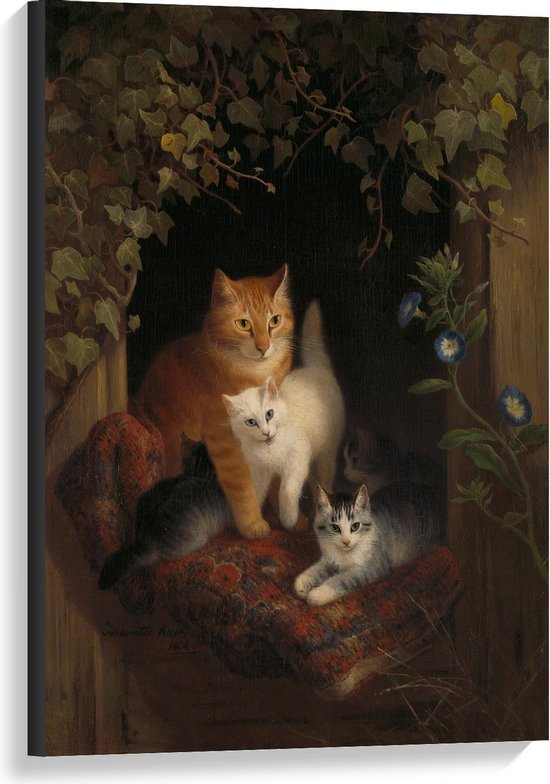 Canvas  - Schilderij Katten in Huisje - 60x90cm Foto op Canvas Schilderij (Wanddecoratie op Canvas)