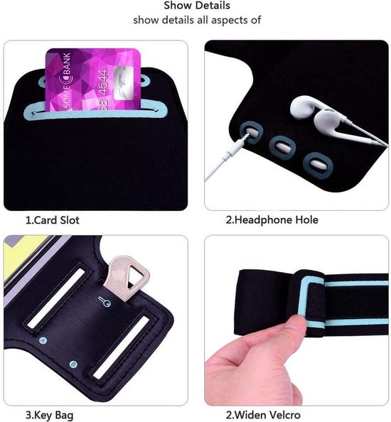 Sport / Hardloop armband Geschikt Voor: iPhone XS / XR / X / 8 / 7 / 6S / 6 Samsung Galaxy S3 / S4 / S5 / S6 / S7 / S8 / S9 / S10 - Verstelbaar Draaibaar - Makkelijk met Oordopjes / Koptelefoon - Joggen , Fietsen , Sportschool etc. Zwart