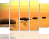 Schilderij , Zen stenen bij zonsopkomst, Bruin oranje , 4 maten , 5 luik , wanddecoratie , Premium print , XXL